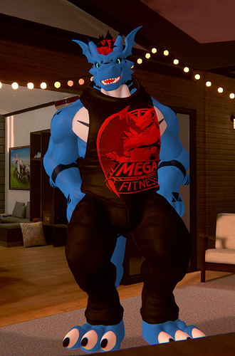 VR photo of Delgar in the form of a big muscular Growlmon in a sleeveless hoodie.