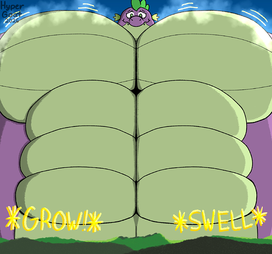 A very large & hunky Spike growing bigger & bigger over the mountains, smiling nervously from how large he's getting.