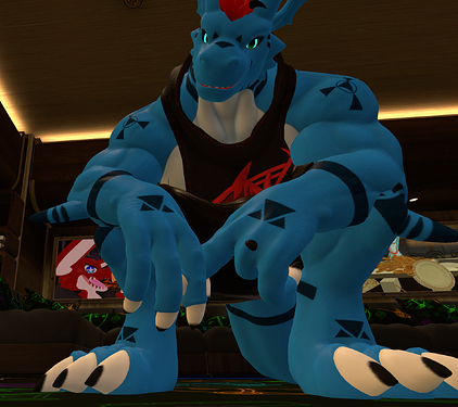 VRChat photo of a large azure Growlmon crouched and looking down at the camera. (The Lunar Growl avatar.)