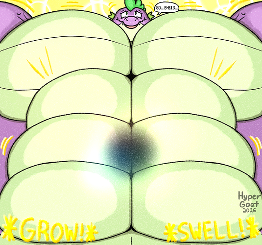 The ASTRONOMICALLY LARGE & HUNKY Spike growing out of control, his ballooning abs eclipsing the known universe. He can only mutter "SO... B-BIG...", feeling the pleasure build up more & more.