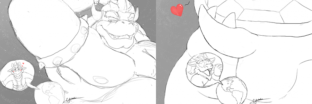 Two images of a gigantic, planet towering Bowser showing off his arms and ass to a comparably puny Xiao (a dragon) below. Clearly, Xiao’s loving it.