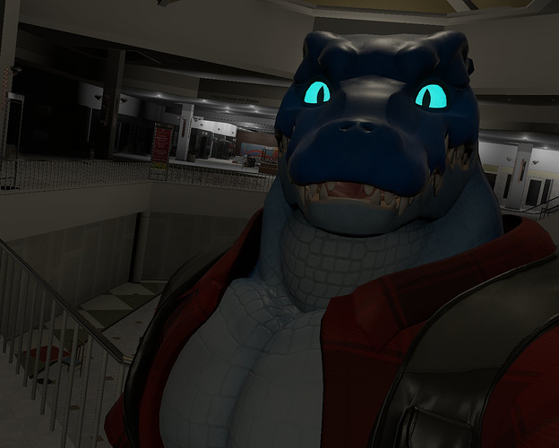 Resonite selfie of an azure gator at a defunct, dimly-lit mall. (Valley View mall.)