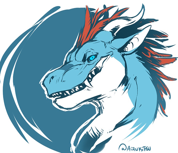 Art by AiruKitsu: Headshot of Delgar the dracoraptor.